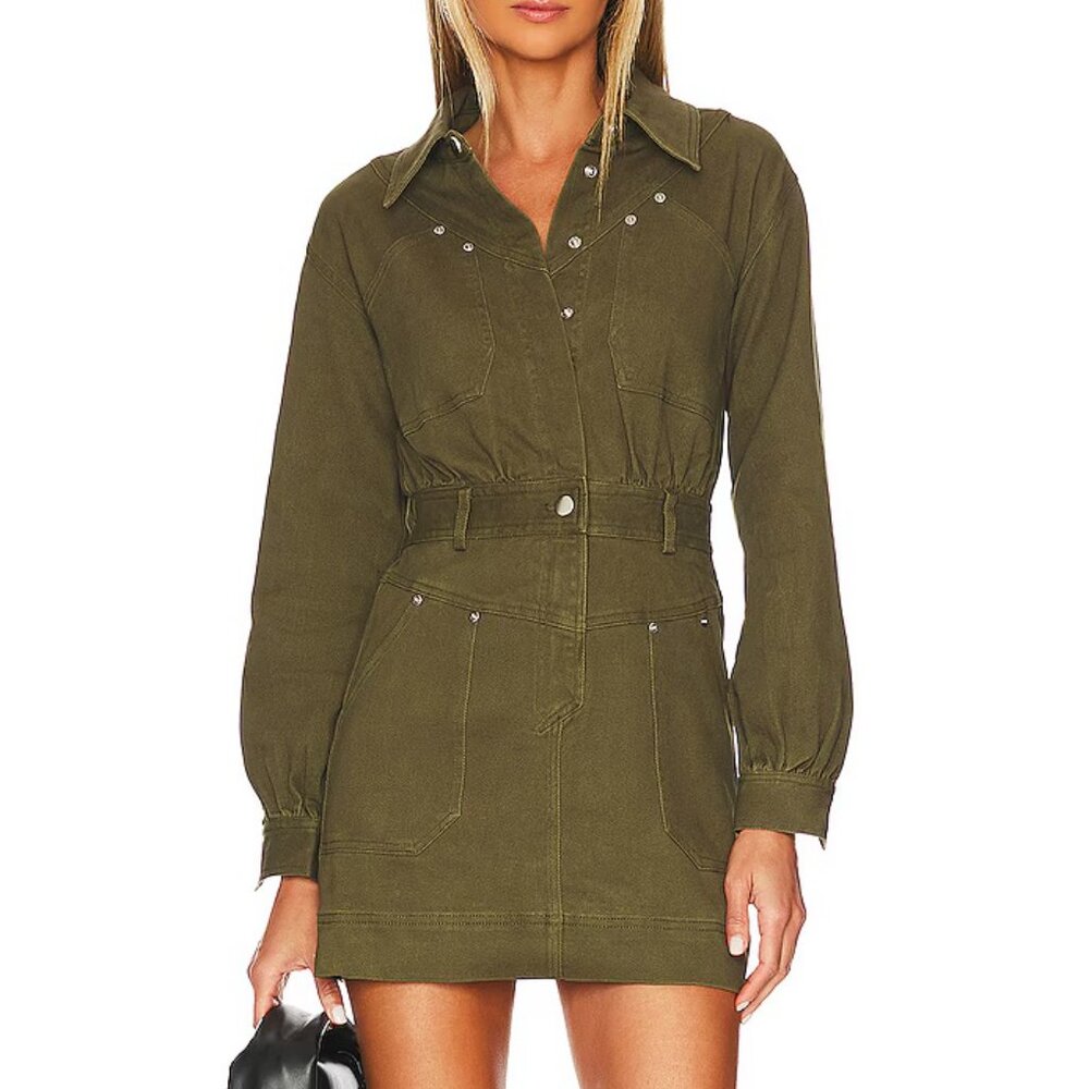 🫒 Steve Madden Ryleigh Denim Utility Mini Shirt Dress - Olive Green Size 4 / M